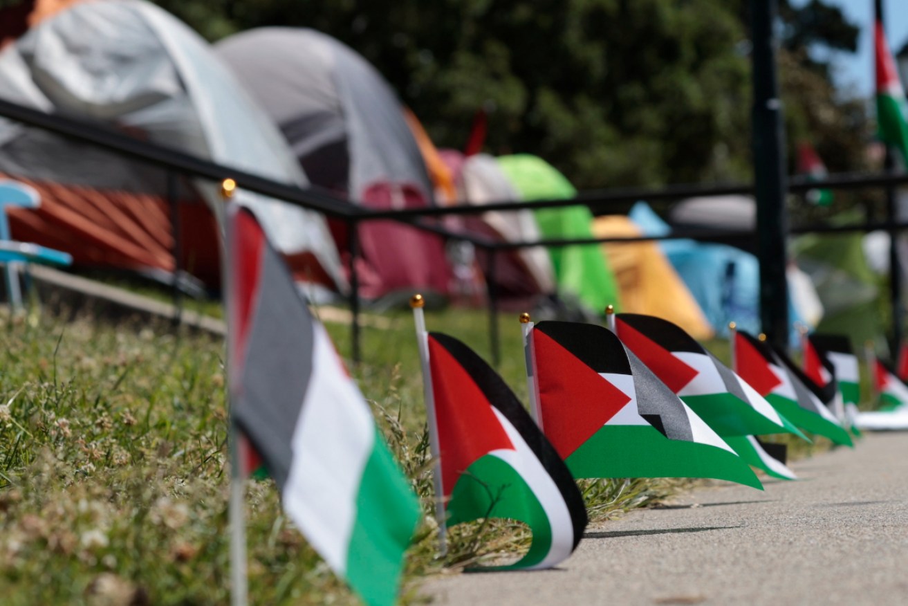 Pro-Palestinian student activists will set up a camp at the University of Adelaide, such as this one at the University of California Berkeley. Photo: EPA / John G. Mabanglo