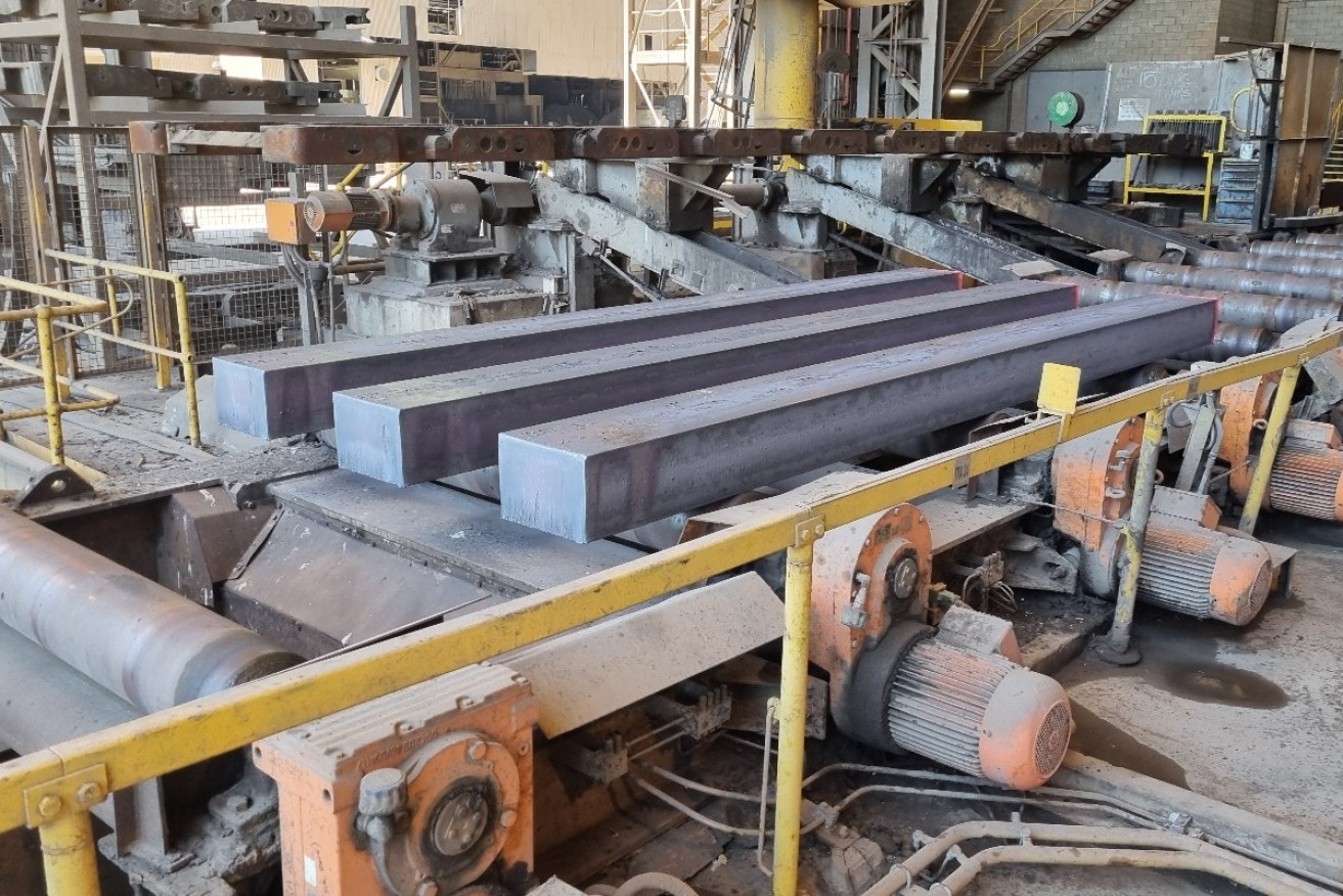 Steel rolling off the production line at the Whyalla Steelworks in February 2024. Photo: Thomas Kelsall/InDaily