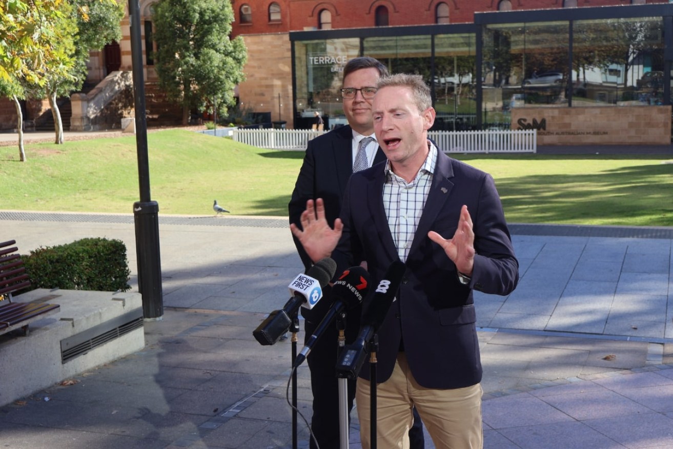 Opposition Leader David Speirs and Deputy Opposition Leader John Gardner talk about the museum document on Wednesday. Photo: Charlie Gilchrist/InDaily