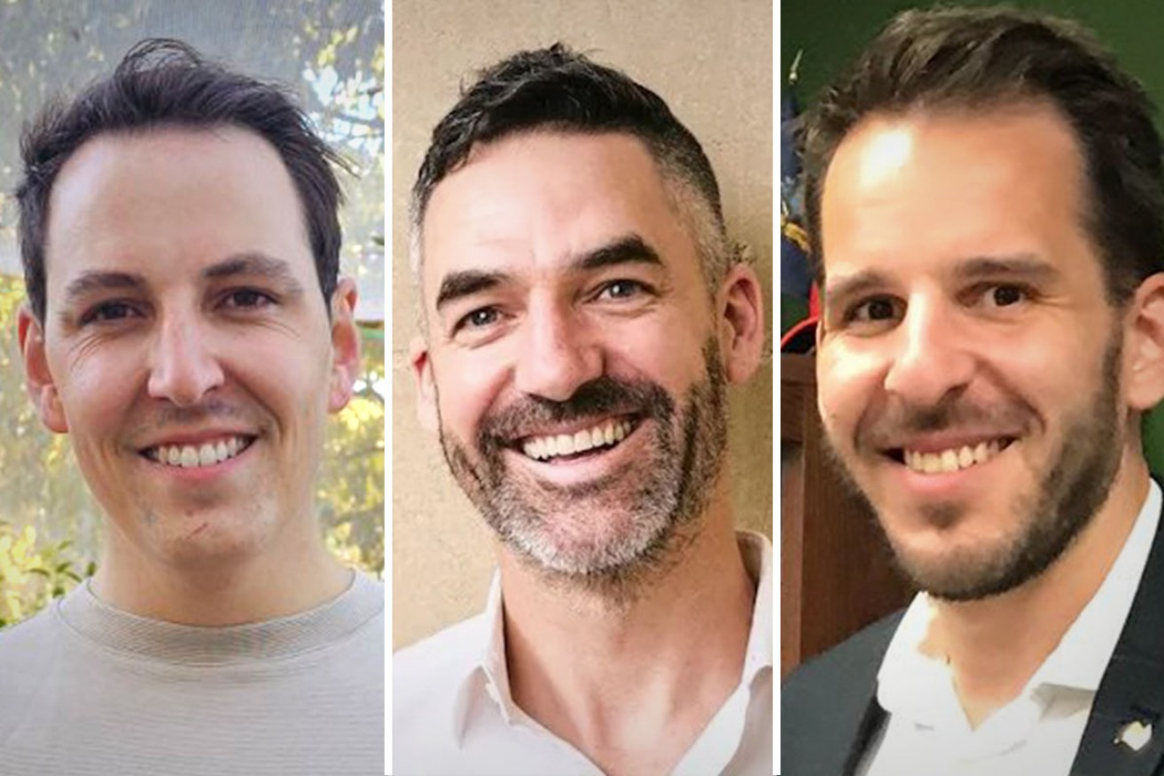(L-R) Henry Davis, Nathan Godfrey and Zane Basic are vying for Liberal Party preselection to run against Mayo Independent MP Rebekah Sharkie. Photos: supplied