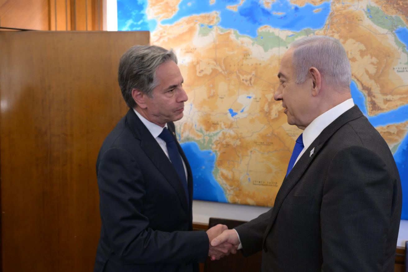 US Secretary of State Antony Blinken meets Israeli Prime Minister Benjamin Netanyahu in Jerusalem on Sunday. Photo EPA/AAP