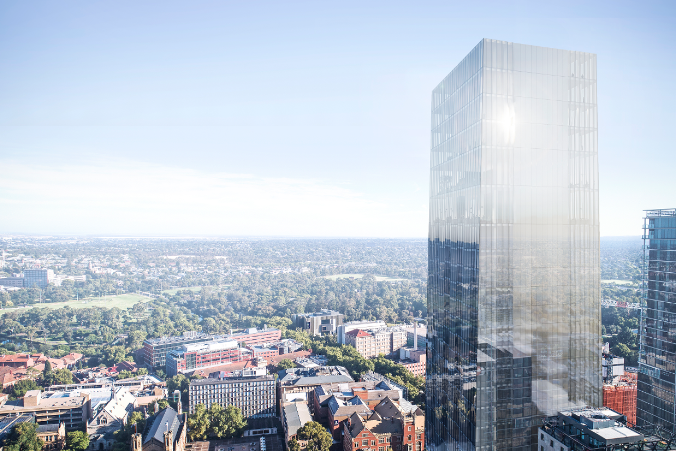 A render of the 37-storey "Keystone Tower" approved for North Terrace. Image: Walter Brooke and Associates and Freemasons Hall Trust supplied