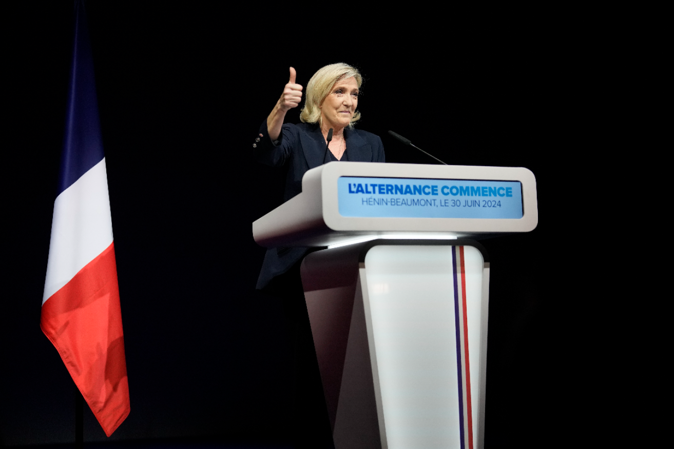 French far right leader Marine Le Pen on Sunday after voters gave her party a strong lead in first-round legislative elections. Photo: AP