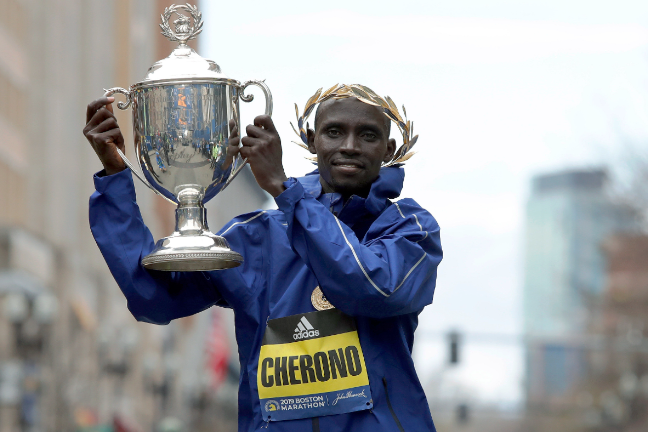 Lawrence Cherono of Kenya, pictured here after winning the 2019 Boston Marathon, has been banned for seven years. Photo: AP