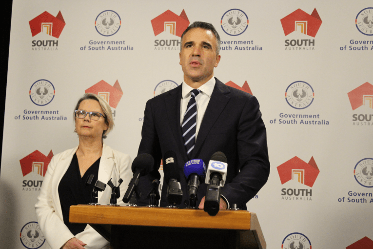 Premier Peter Malinauskas at a press conference regarding a tomato virus outbreak